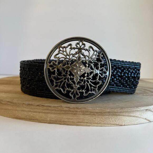 Black Woven Weaved Vegan Leather Free Size Round Buckle Belt Size Large - Picture 11 of 11